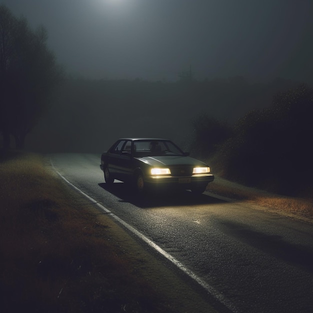 Een auto met de koplampen aan en de voorlichten aan.