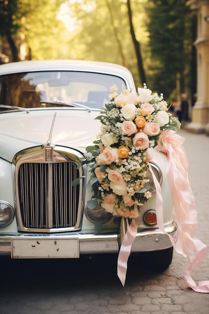 Foto een auto met een bos bloemen aan de voorzijde