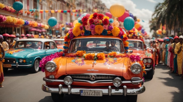 een auto met een bos bloemen op het dak