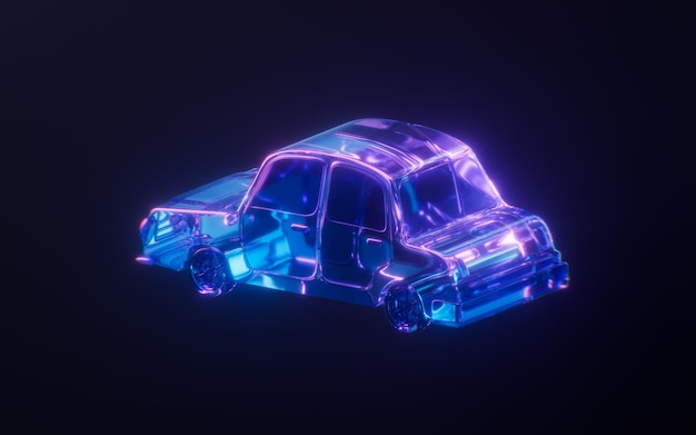 Een auto met een donker neonlicht-effect 3D-weergave