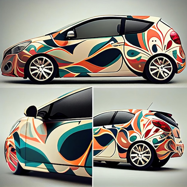 Een auto met een psychedelisch design erop