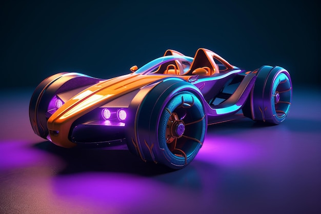 Een auto met paarse en oranje lichten waarop 'speed racer' staat