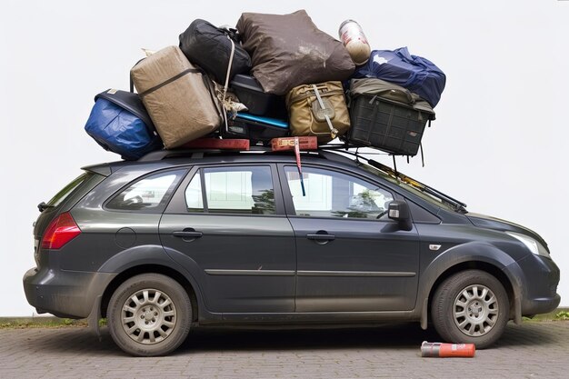 Foto een auto met veel bagage er bovenop