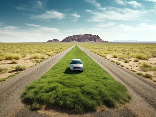 Een auto op een onverharde weg met een berg op de achtergrond