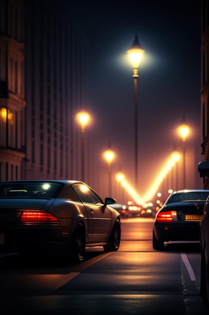 Een auto op straat 's nachts met wazige straatverlichting op de achtergrond