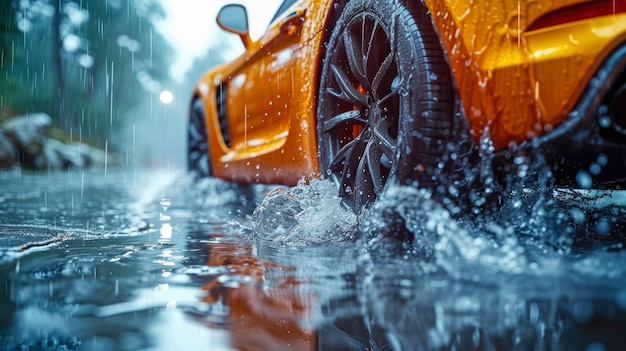 Een auto rijdt in een plas op een regenachtige dag Waterdruppels op het asfalt