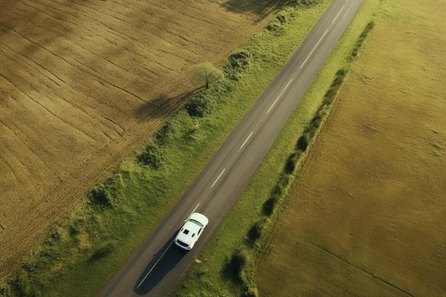 een auto rijdt over een landweg.