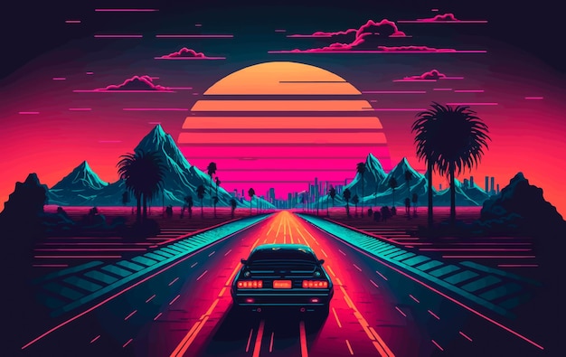 Een auto rijdt over een weg met bergen op de achtergrond retrowave synthwave