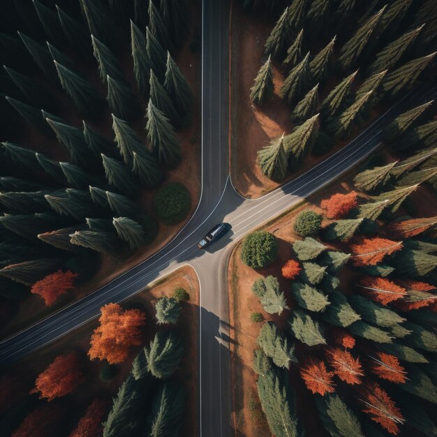 Een auto rijdt over een weg met bomen en struiken.