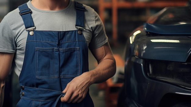 Een auto-service monteur in uniform staat tegen de achtergrond van een auto Ze zijn bezig met auto-reparatie en onderhoud