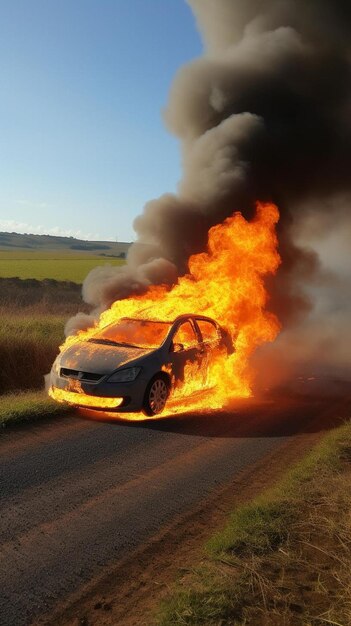 Foto een auto staat aan de kant van de weg in brand.