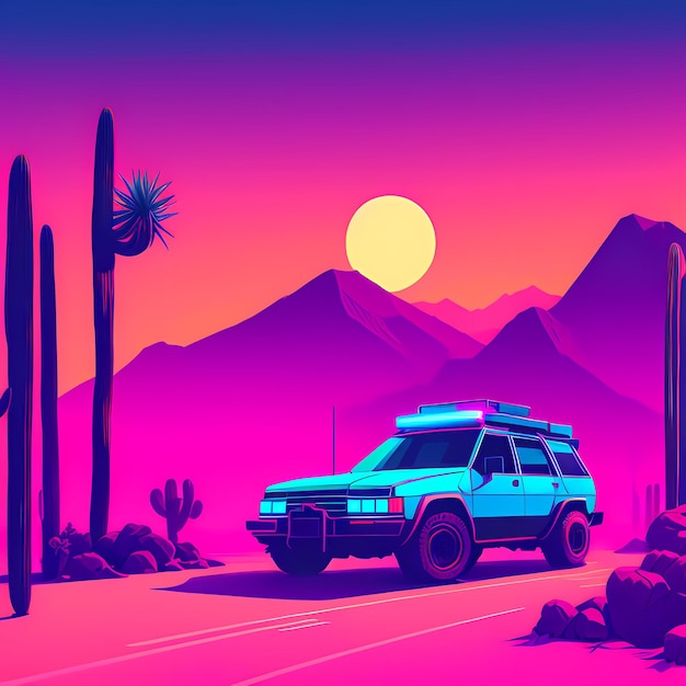 Een auto staat geparkeerd in de woestijn met een cactus en een zonsondergang op de achtergrond met een roze lucht AI
