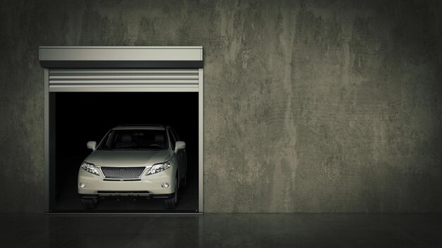 Een auto staat geparkeerd in een garage met de deur open.