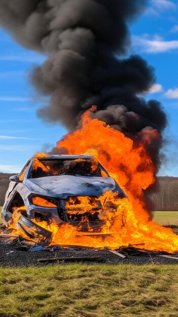 Foto een auto staat in brand aan de kant van de weg