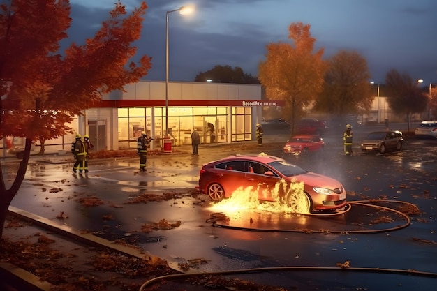 Een auto staat in brand op een parkeerplaats op een herfstdag door een neuraal netwerk gegenereerd beeld