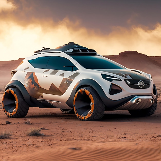 Een auto van Nissan met een witte carrosserie en oranje wielen.