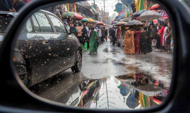 Een auto wordt gezien in een straat met regendruppels op de zijspiegel.