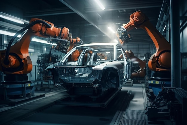 Een autofabriek met veel auto's aan de lopende band Generatieve AI