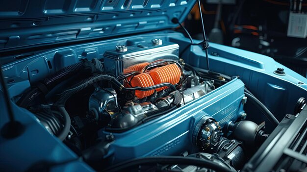 een automatische transmissie bevindt zich onder de motorkap van een blauwe auto in de stijl van levendige energie