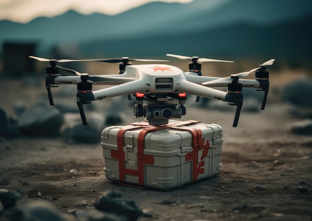 Een autonome AI-drone die medische noodhulpmiddelen levert aan een afgelegen gebied waar innovatie wordt getoond