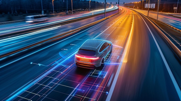 Foto een autonoom elektrisch voertuig glijdt moeiteloos over een futuristische slimme snelweg die de opmerkelijke vooruitgang symboliseert in vervoer en energie-efficiëntie.