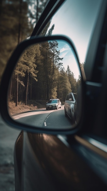 Een autospiegel met een wazig beeld van een auto op de weg.