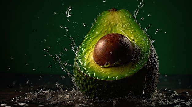 Een avocado met een groene achtergrond en waterdruppels.