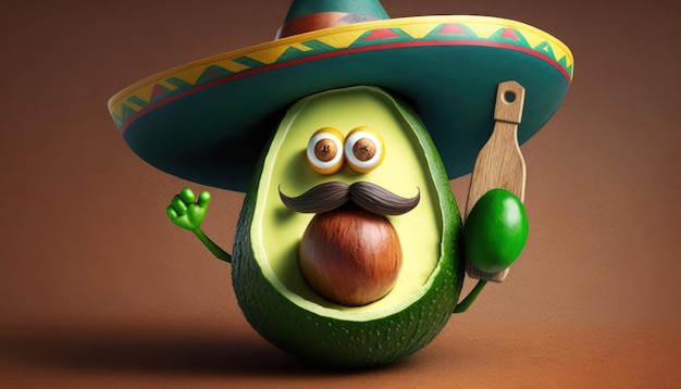 Een avocado met een snor die een sombrero en een sombrerohoed draagt.