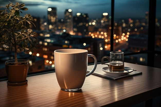 een avond op kantoor met een kopje koffie professionele reclamefotografie