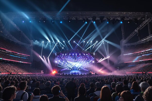 Een avondrockconcert voor een groot publiek in een openluchtstadion met een lasershow