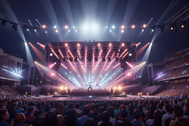 Een avondrockconcert voor een groot publiek in een openluchtstadion met een lasershow