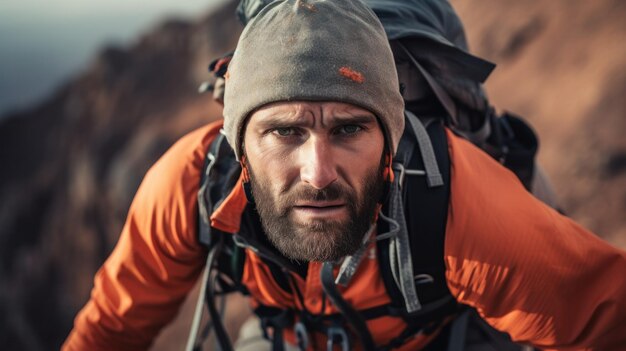 Foto een avontuurlijke klimmer die met behulp van veiligheidsgereedschappen nauwgezet een steil, ruig bergoppervlak beklimt met vastberadenheid in zijn ogen
