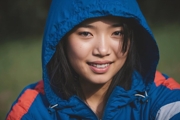 een Aziatisch Chinees tiener modemodel in het park met een hoodie jacket