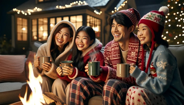 Een Aziatisch gezin dat op een bank zit en naar een kampvuur kijkt, samen lacht en warme thee drinkt.