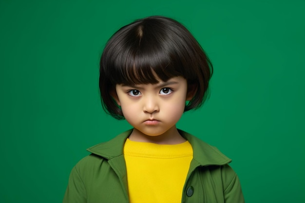 Een Aziatisch klein meisje met een boze uitdrukking poseert voor een foto