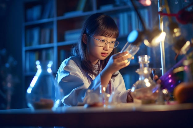 Een Aziatisch meisje dat een scheikunde-experiment uitvoert in een goed uitgerust laboratorium voor meisjesonderwijs Aziatisch