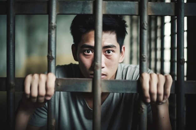 Een Aziatische mannelijke gevangene in een cel achter de tralies Chinese man achter de tralies De pijn en het lijden van de gevangene Oordeel Hopeloosheid