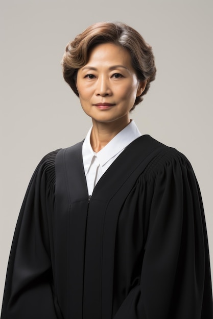 Een Aziatische rechter van middelbare leeftijd in een zwarte mantel.