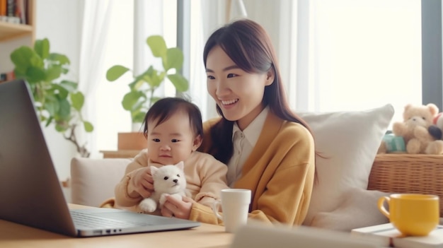 Een Aziatische vrouw en baby zitten aan een bureau met een laptop