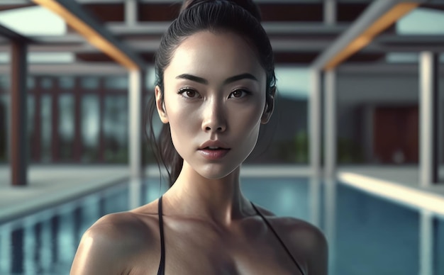 Een Aziatische vrouw in bikini staat voor een zwembad met de zon op haar gezicht. ai gegenereerd