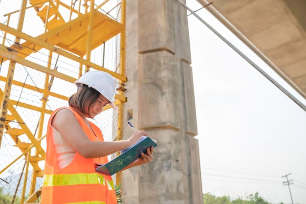 Een aziatische vrouwelijke ingenieur werkt op de bouwplaats van een snelwegbrug