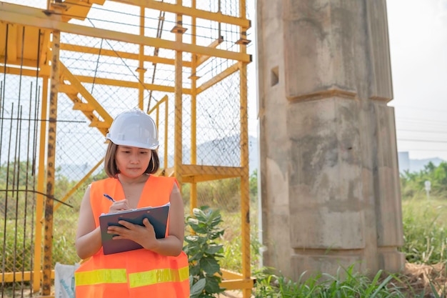 Een Aziatische vrouwelijke ingenieur werkt op de bouwplaats van een snelwegbrug