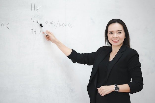 Een Aziatische vrouwelijke lerares van middelbare leeftijd in het whiteboard in de klas aan de universiteit