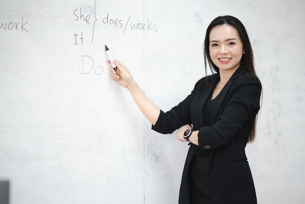 Een Aziatische vrouwelijke lerares van middelbare leeftijd in het whiteboard in de klas aan de universiteit