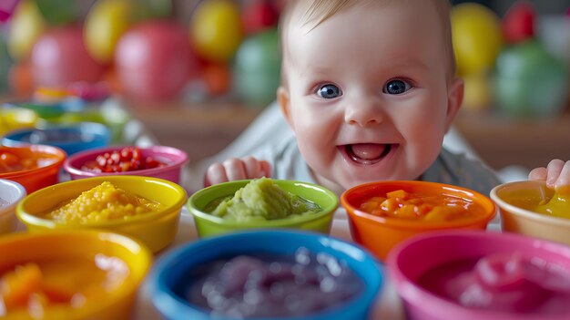 Een baby aan een tafel met kleurrijke kommen met eten