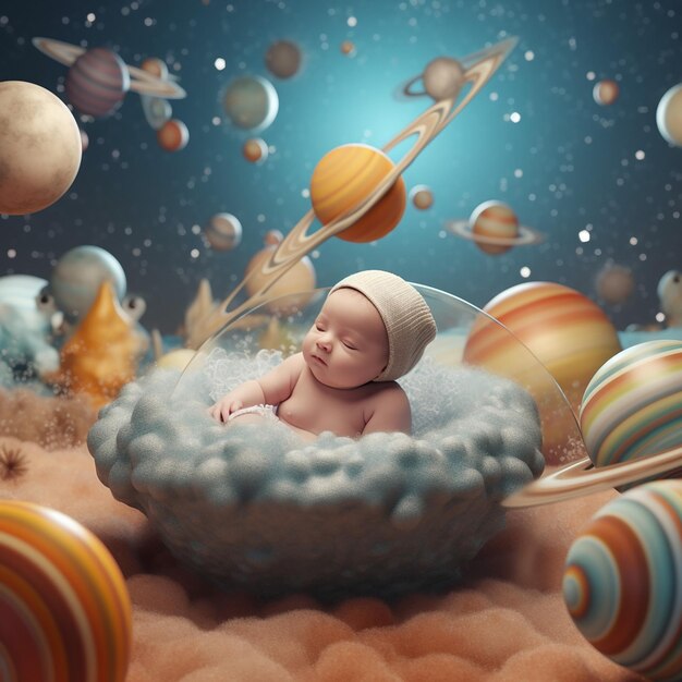 Een baby bevindt zich in een wolk omringd door planeten