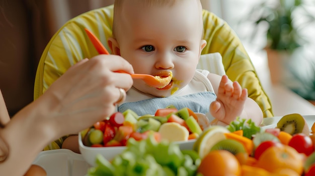 Foto een baby die een kom groenten eet