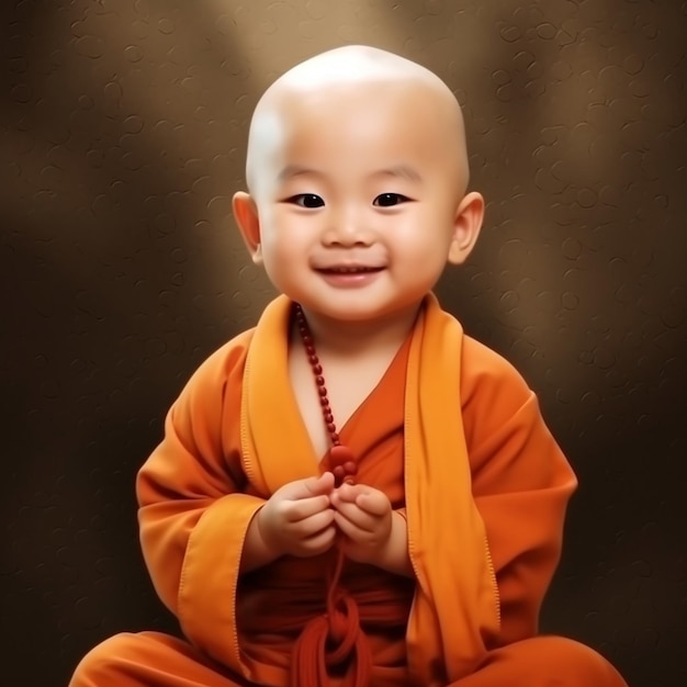 een baby die een oranje gewaad draagt, zit voor een donkere achtergrond.