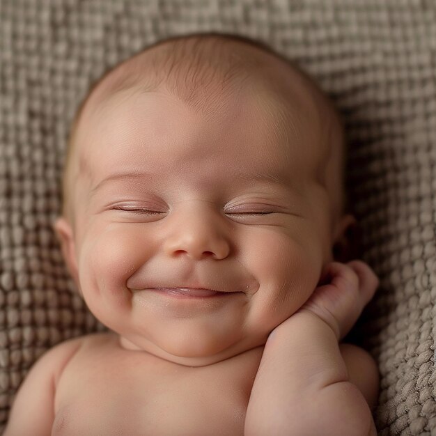 een baby die glimlacht en glimlacht met zijn handen op zijn kin
