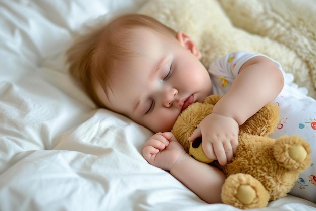 Foto een baby die met een teddybeer op een bed slaapt